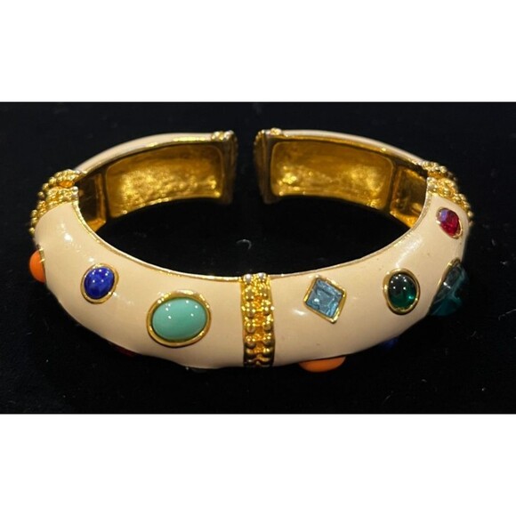 Signed KJL  Kenneth Jay Lane Ivory White Enamel MultiGem Cabochon Bangle Book Pc - Picture 3 of 11